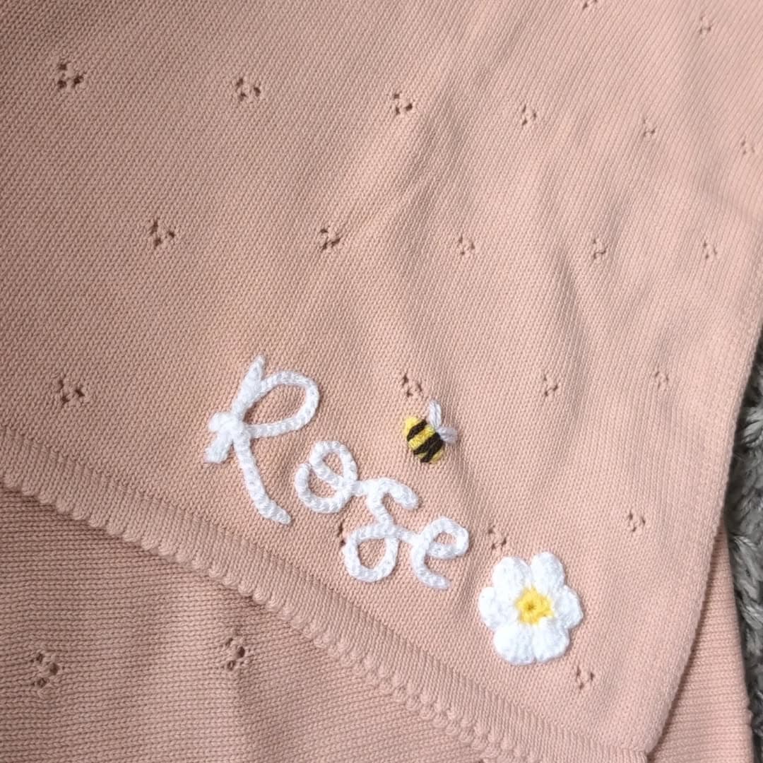 Instagram post: 🐝 R O S E 🌸

Blanket Details 
🪡 Blush Pink Scal...
