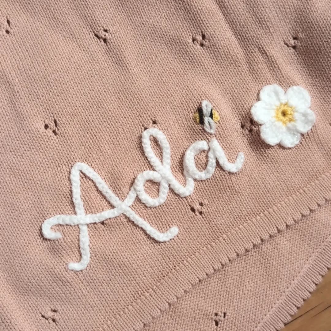 Instagram post: 🌸 A d a 🐝

Blanket Details 
🪡 Pink Scalloped Ed...